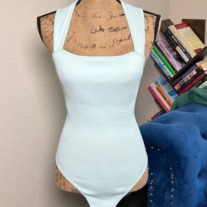 Ribbed Square-Neck Bodysuit in Light Aqua